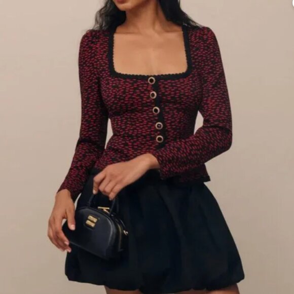 Reformation Nikky Top Blouse - French Kiss Red Black Size 2 - Picture 2 of 12